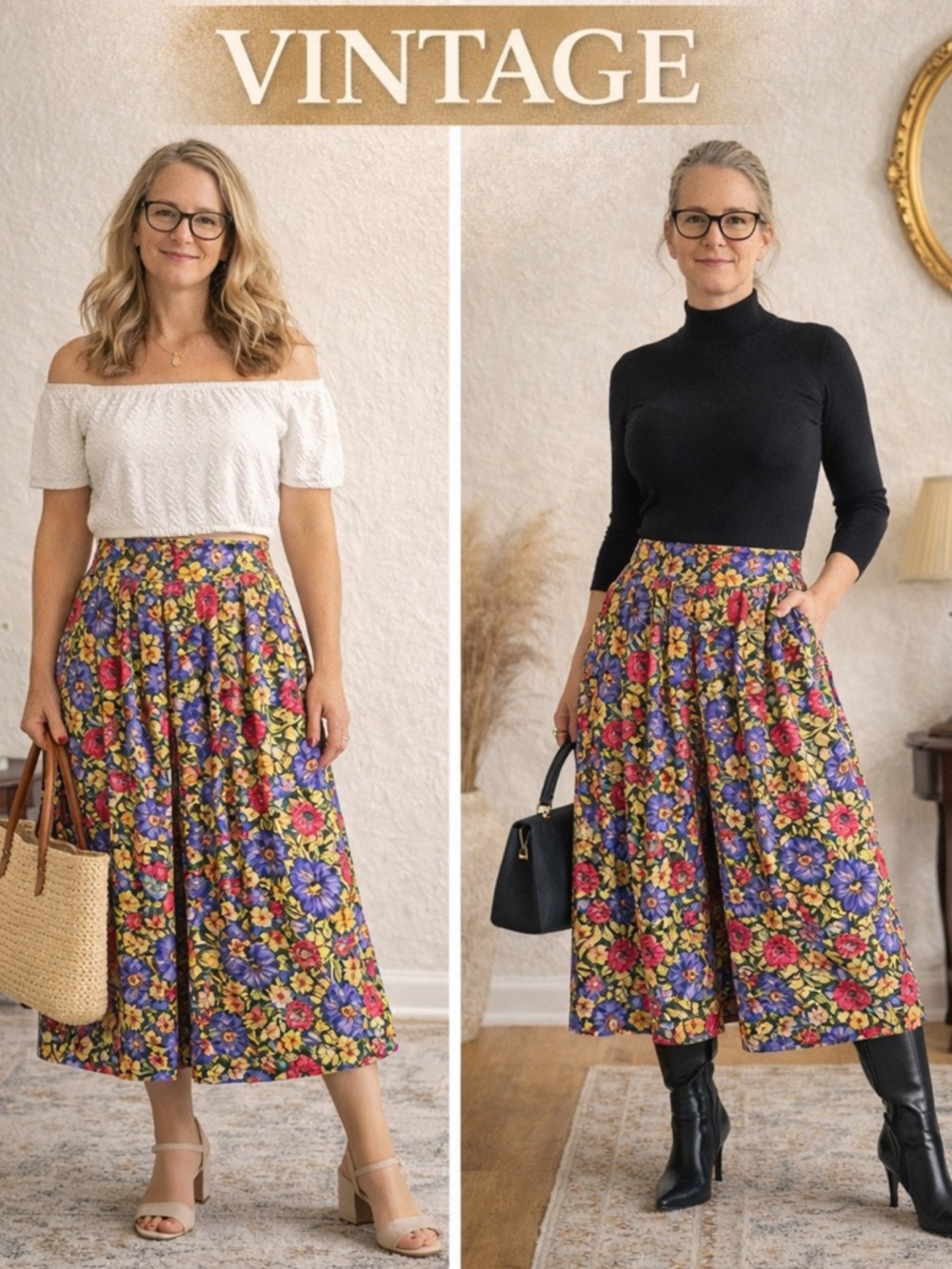 VINTAGE 80s 90s LAURISSA FLORAL CULOTTE PANTS GAUCHO HIGH RISE WIDE LEG MEDIUM